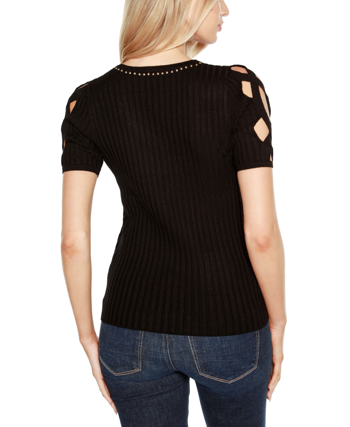 Shop Belldini Women's Embellished Criss Cross Sleeve Sweater In Black