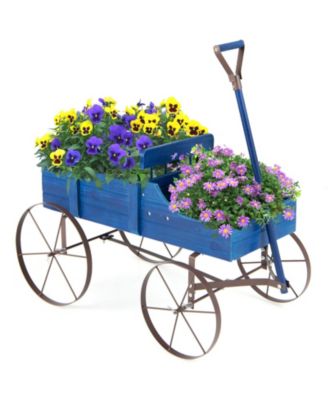 Wooden Wagon Plant Bed with Metal Wheels for Garden Yard Patio