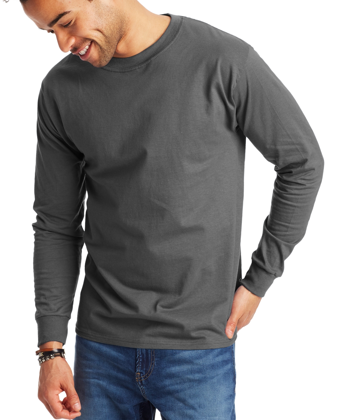 Shop Hanes Beefy-t Unisex Long-sleeve T-shirt, 2-pack In Gray