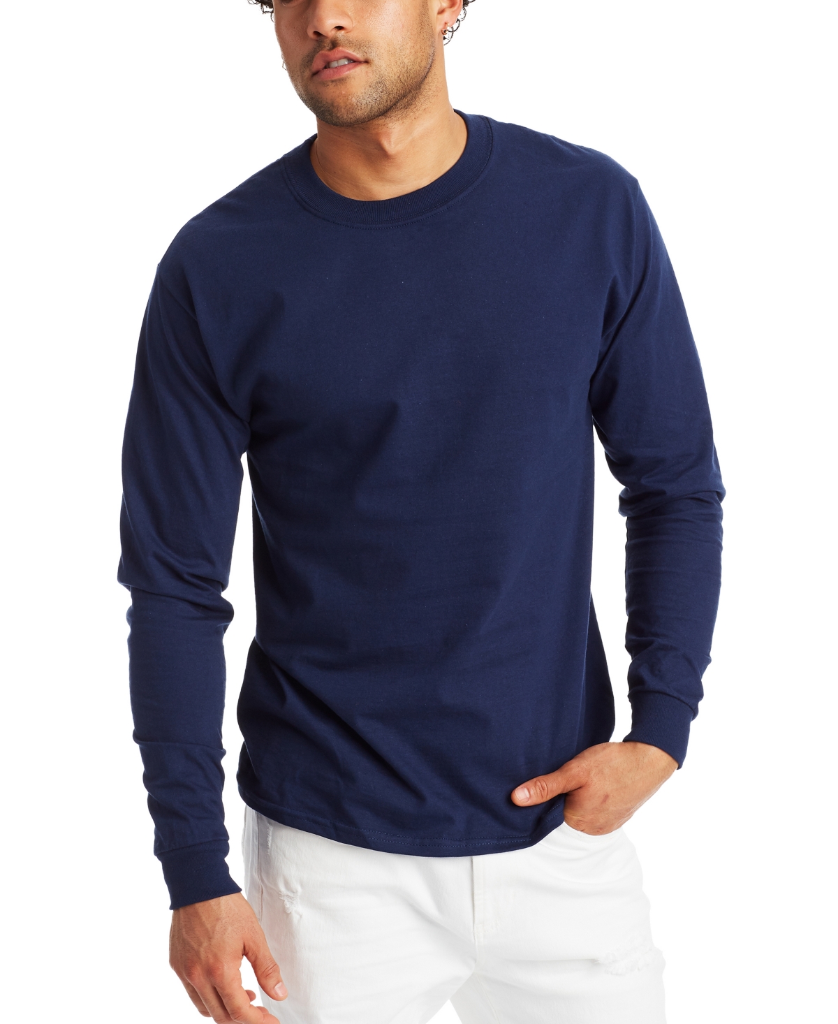 Hanes Beefy-t Unisex Long-sleeve T-shirt, 2-pack In Navy