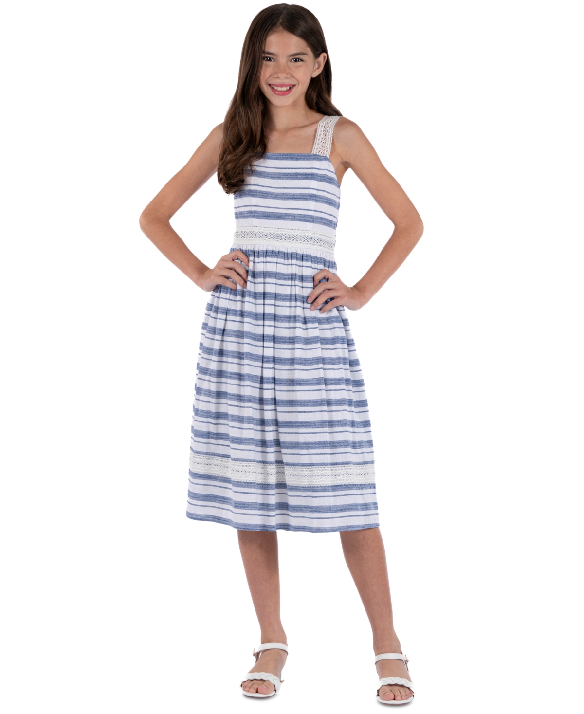 Shop Speechless Big Girls Sleeveless Striped Denim Cotton Midi Dress In White,deni