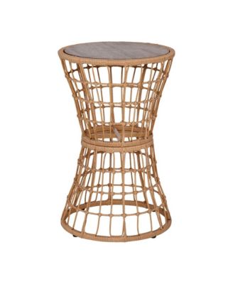 Ari Three Piece All-Weather Rattan Rope Patio Set With Acacia Wood Top Side Table And Two Chairs With Cushions