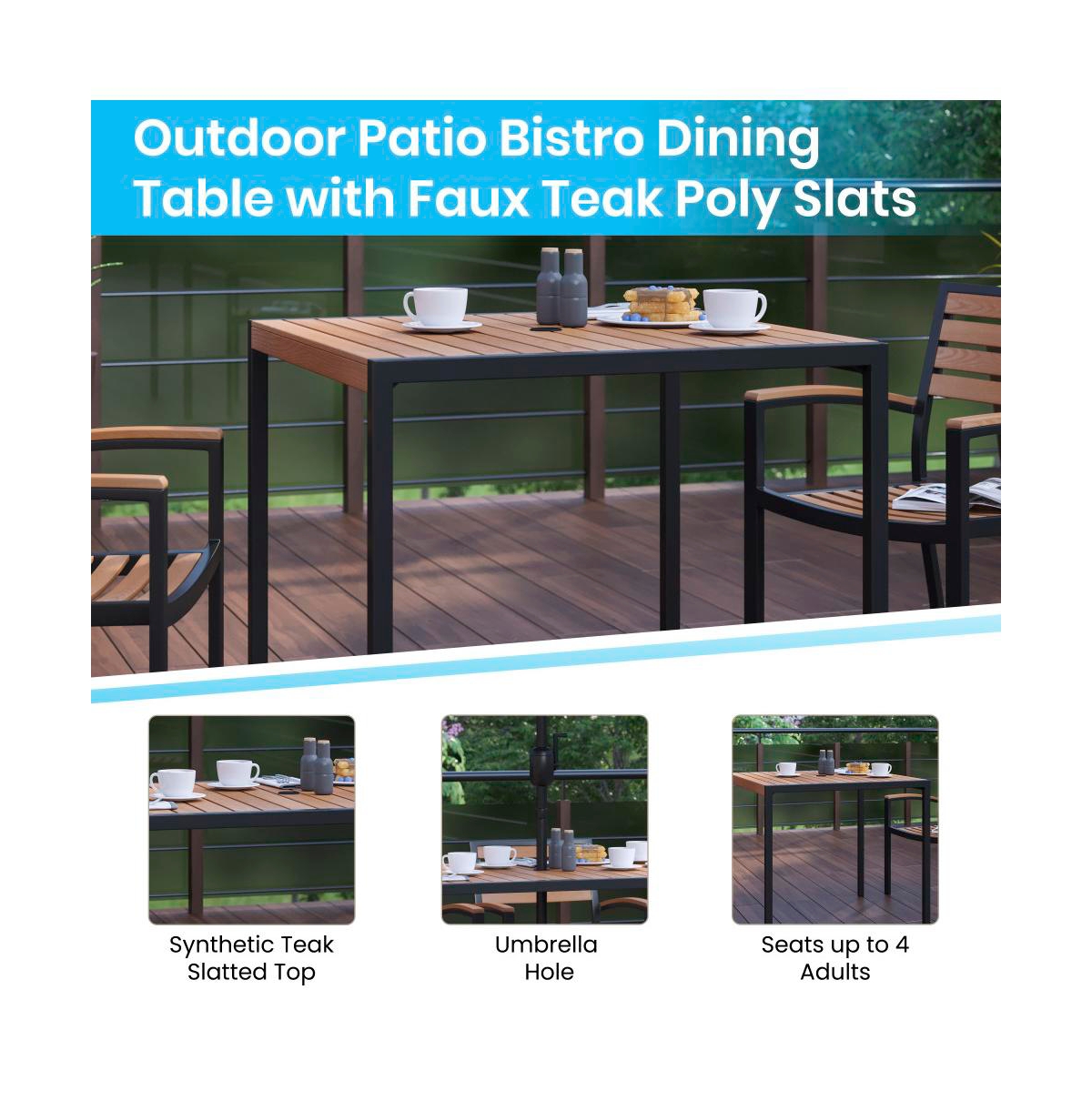 Hampstead Seven Piece Faux Teak Patio Dining Set Includes Table, Four Club Chairs, 9' Umbrella And Base