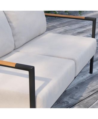 Eastport Outdoor Loveseat With Removable Plush Fabric Cushions And Teak Accented Aluminum Frame