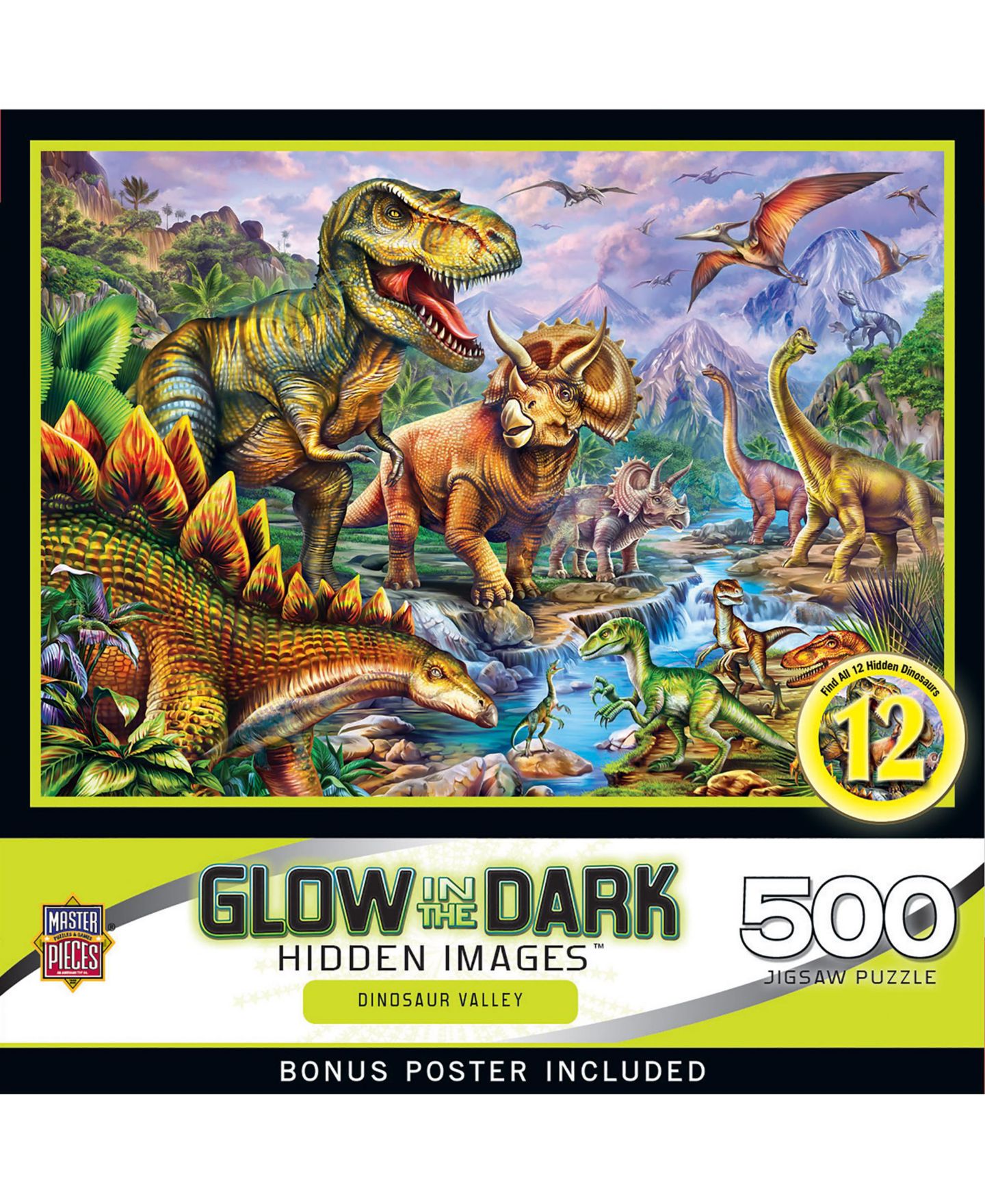 Детский пазл MasterPieces Puzzles Dinosaur Valley Hidden Images Glow-in-the-Dark 500-Piece Jigsaw Puzzle, от 14 лет, цвет: Разноцветный — фото 1