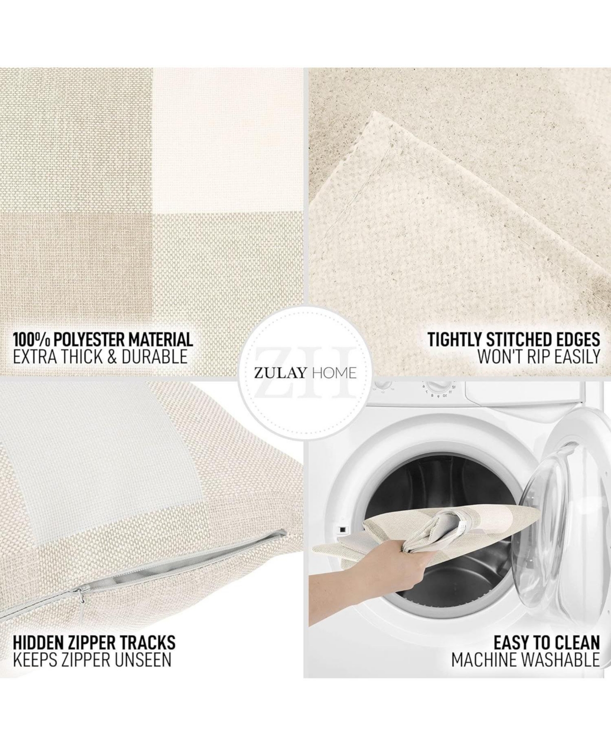 Zulay Kitchen 2 Pack Buffalo Plaid Throw Pillow Outdoor & Indoor Covers 16x16 - Cream and white