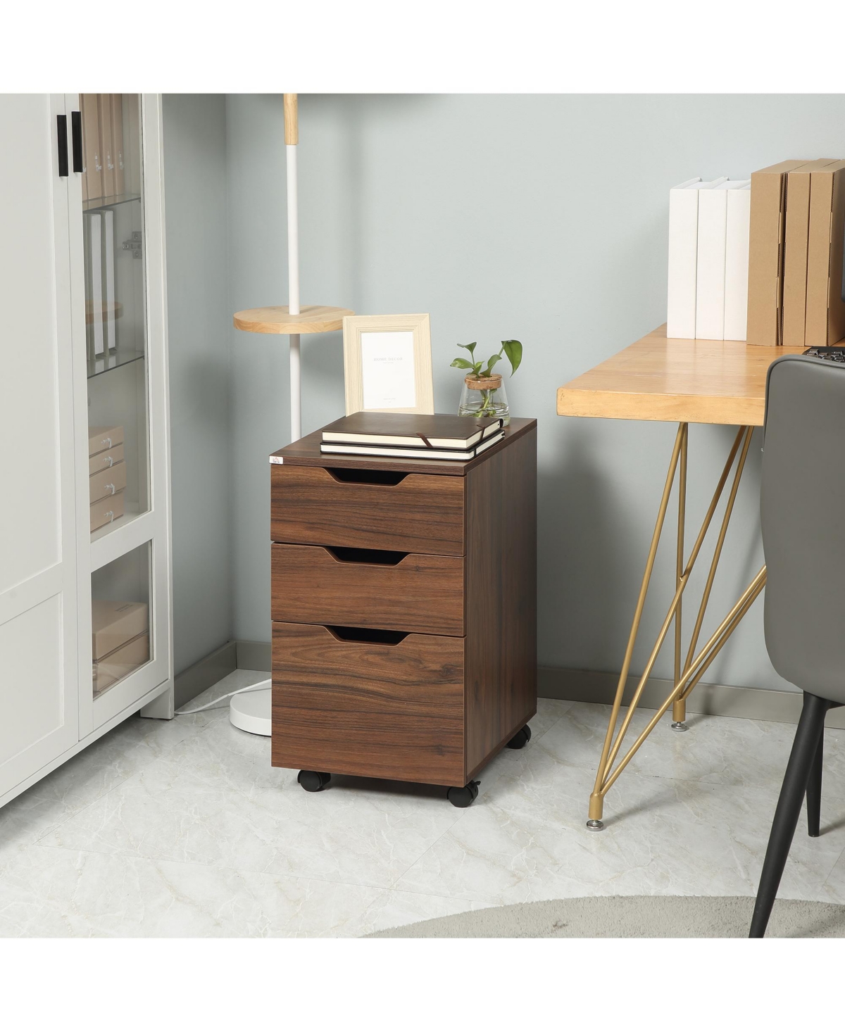 Homcom 3 Drawer Mobile File Cabinet, Rolling Printer Stand, Vertical Filing Cabinet,- Brown