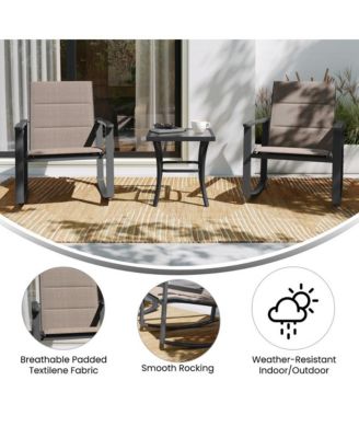 Brevyn 3 Piece Outdoor Bistro Set With Flex Comfort Rocking Chairs And Steel Framed Glass Top Table