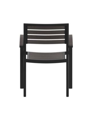 Set Of Two Aluminum Stacking Chairs With Faux Teak Slatted Back And Seat And Faux Teak Accented Arms