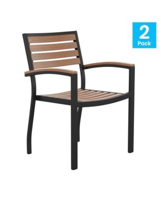 Set Of Two Aluminum Stacking Chairs With Faux Teak Slatted Back And Seat And Faux Teak Accented Arms