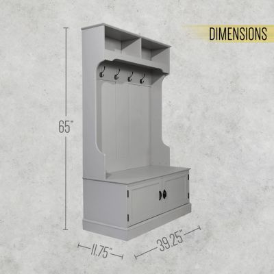 Hall Tree With Double Door Entryway Storage Bench, 4 Hook Coat Rack, Top Storage Cubbies
