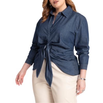Plus Size Tie Front Collared Blouse