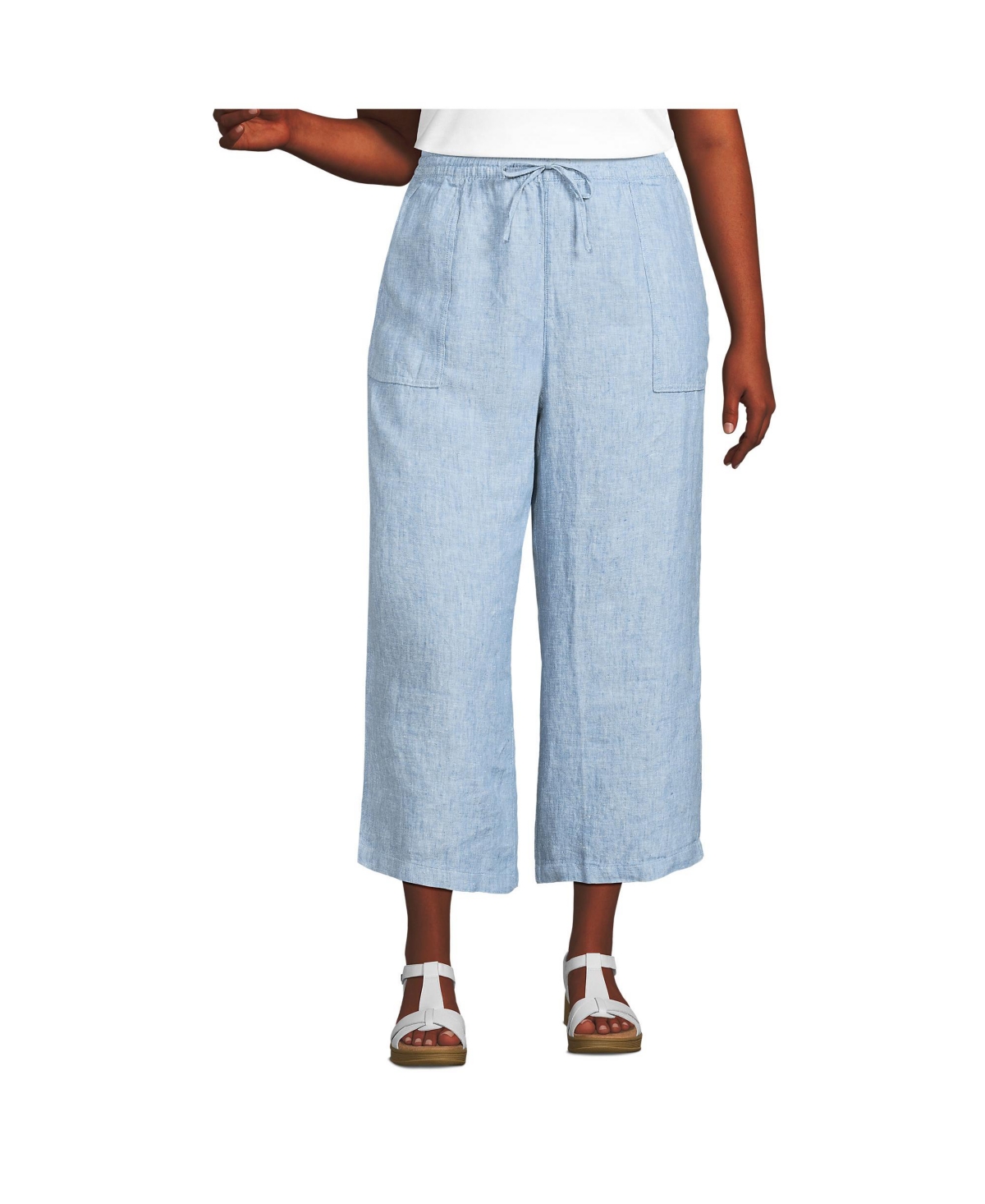 Plus Size High Rise Drawstring Linen Wide Leg Crop Pants - Soft blue linen