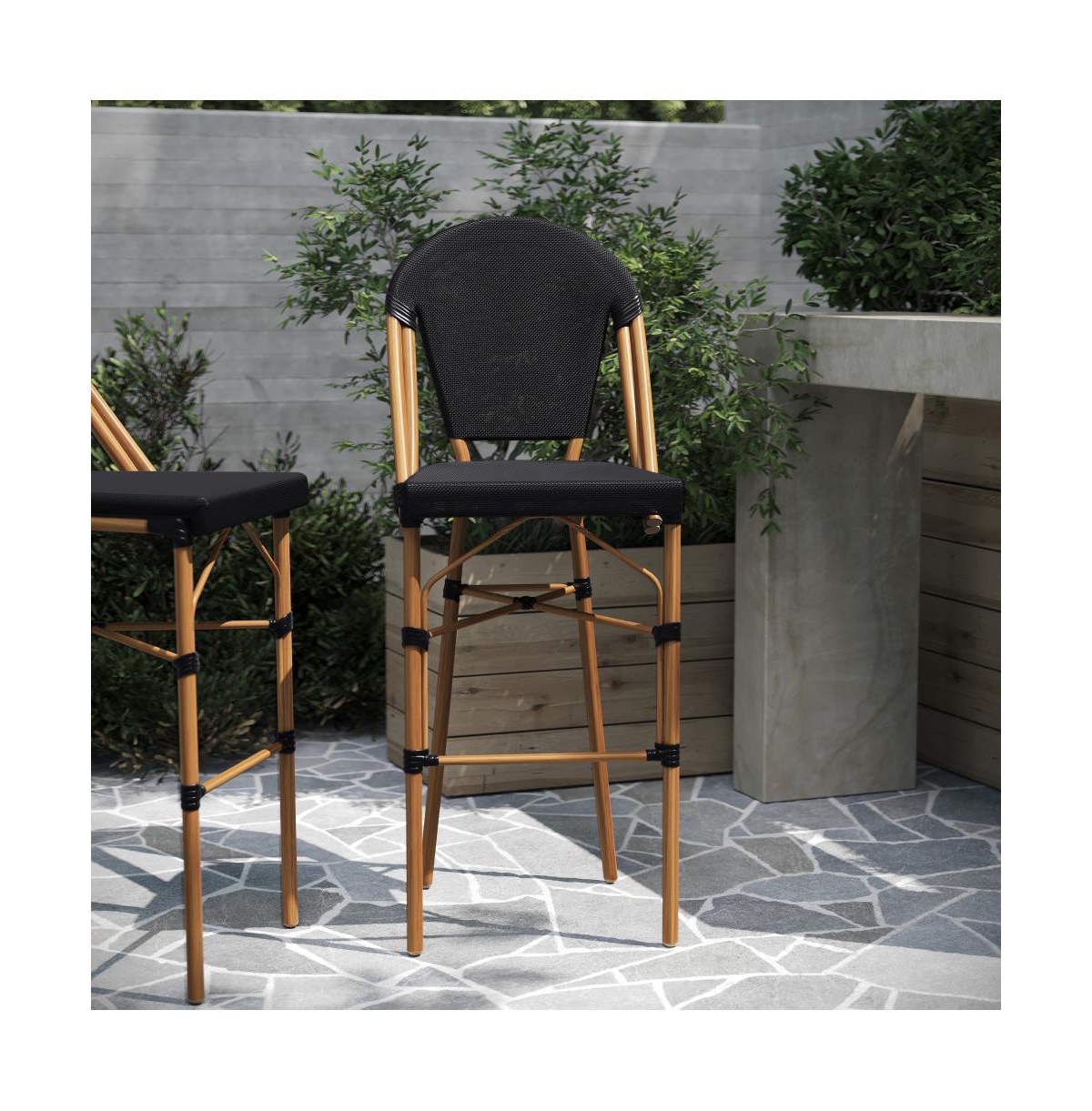 Merrick Lane Mael Set Of Two Stacking Bistro Style Bar Stools With Textilene Backs And Seats And Metal Frames For Indoor/Outdoor Use -natural f