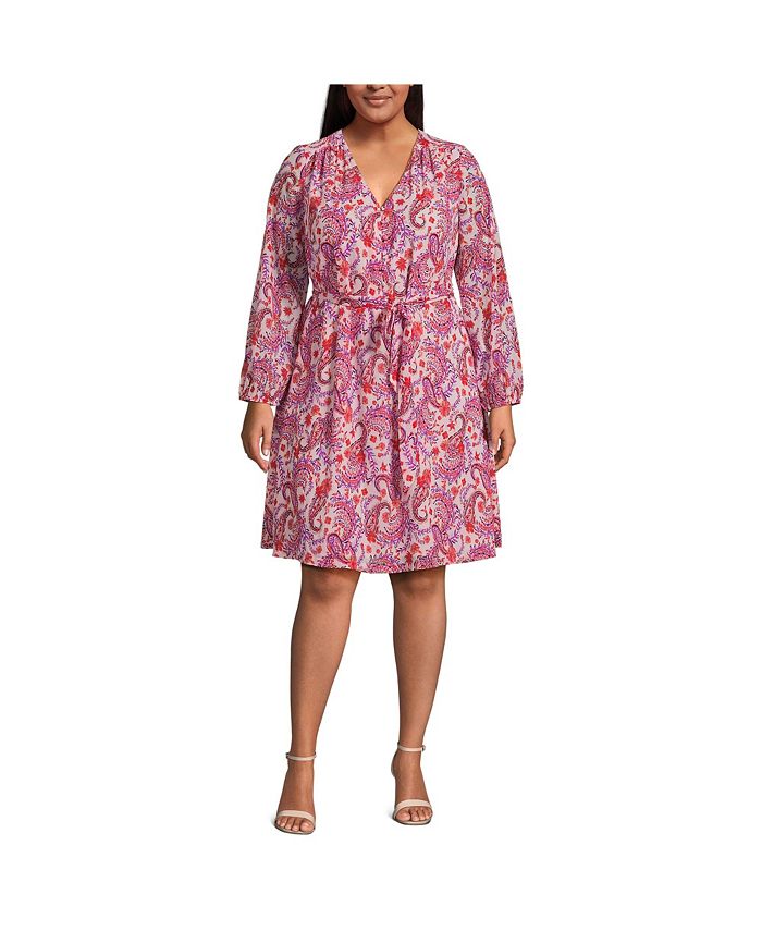 Lands' End Plus Size Chiffon Long Sleeve Fit and Flare Dress Macy's