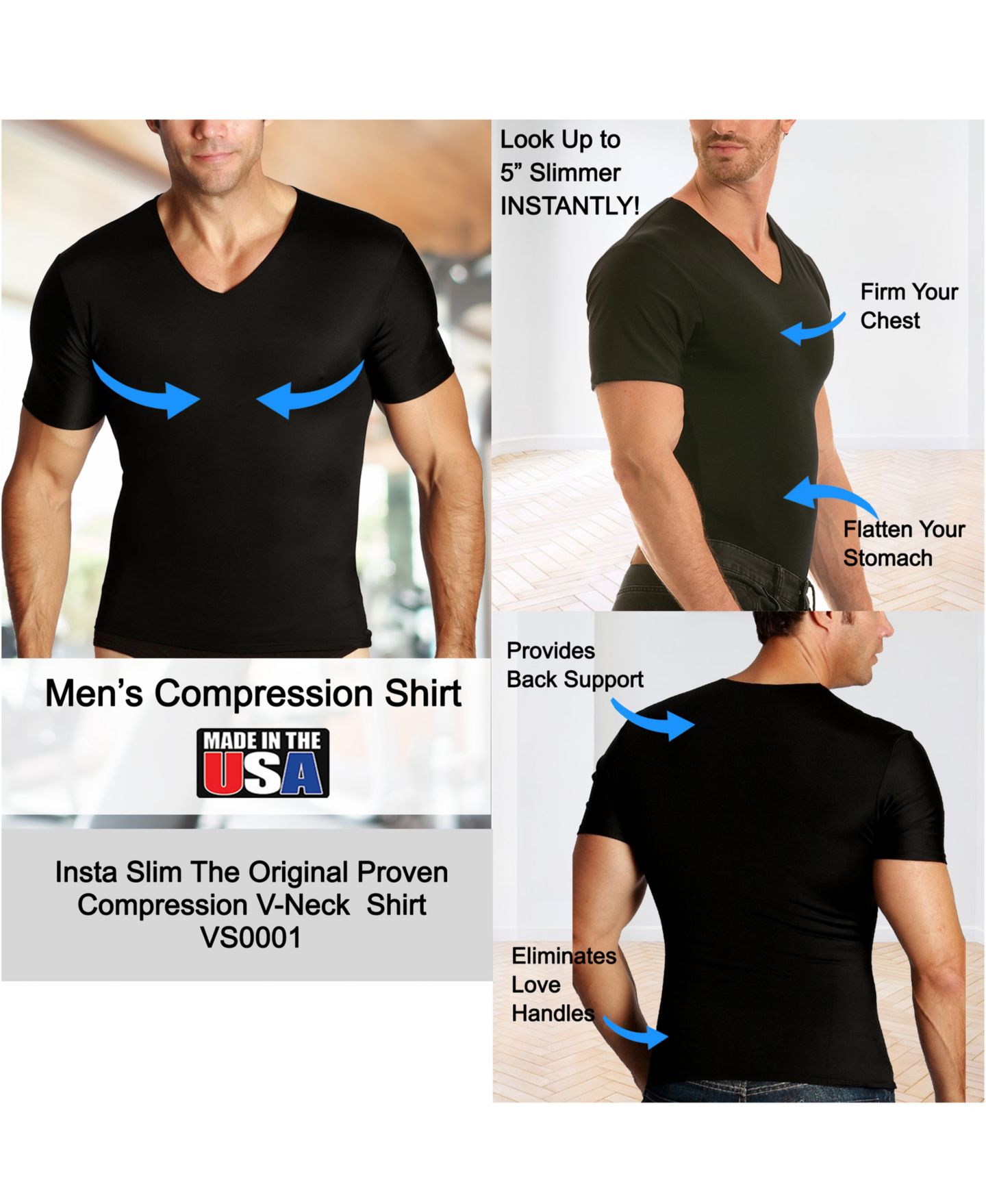 Мужские футболки Instaslim Big & Tall Insta Slim 3 Pack Compression Short Sleeve V-Neck T-Shirts, цвет: Чёрный — фото 5