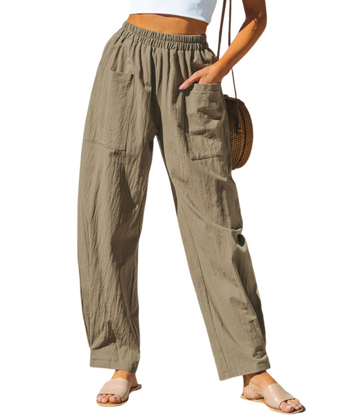 Women's Khaki Elastic Waist Patch Pocket Tapered Leg Pants - Beige/khaki