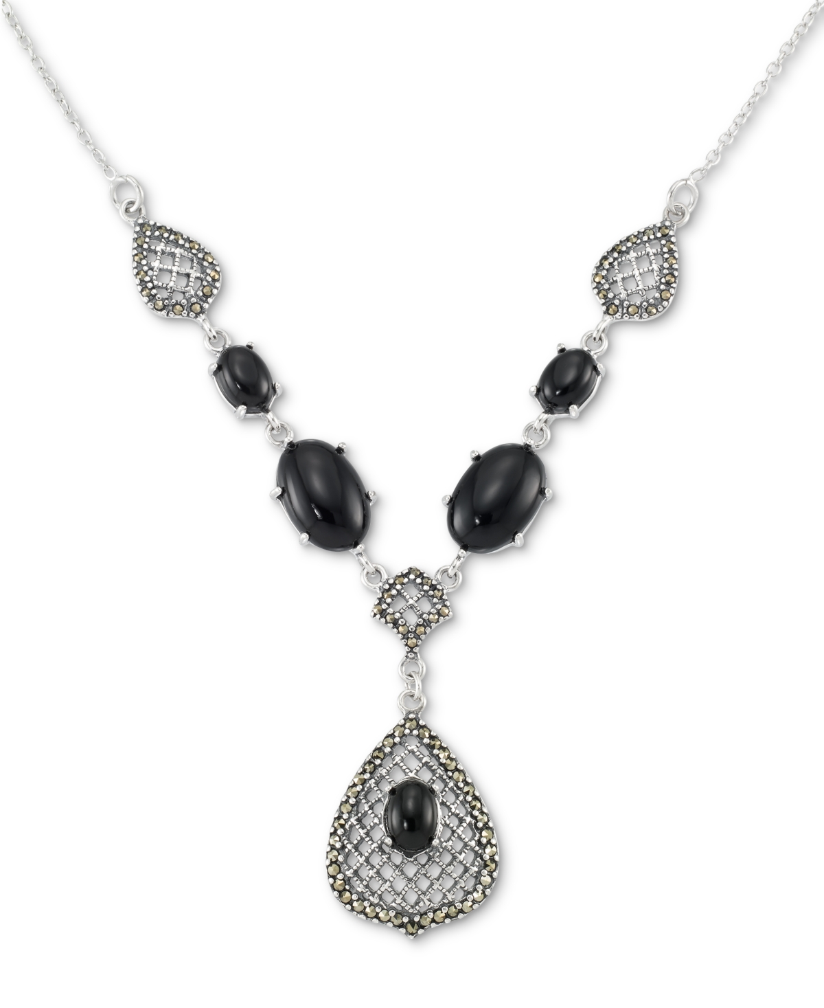 Shop Macy's Onyx & Marcasite (1/2 Ct. T.w.) Teardrop Pendant Necklace In Sterling Silver, 18" + 2" Extender