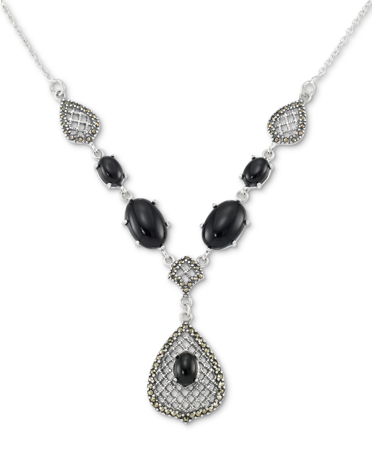 MACY'S ONYX & MARCASITE (1/2 CT. T.W.) TEARDROP PENDANT NECKLACE IN STERLING SILVER, 18" + 2" EXTENDER 
