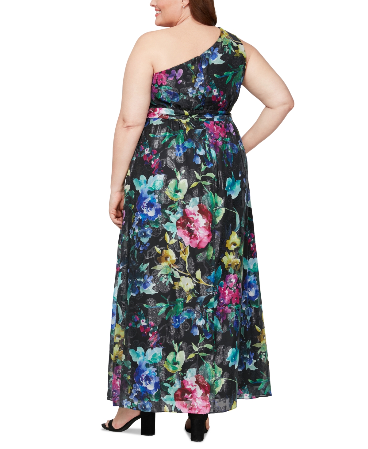 Shop Sl Fashions Plus Size Floral-print One-shoulder Gown In Black Multi
