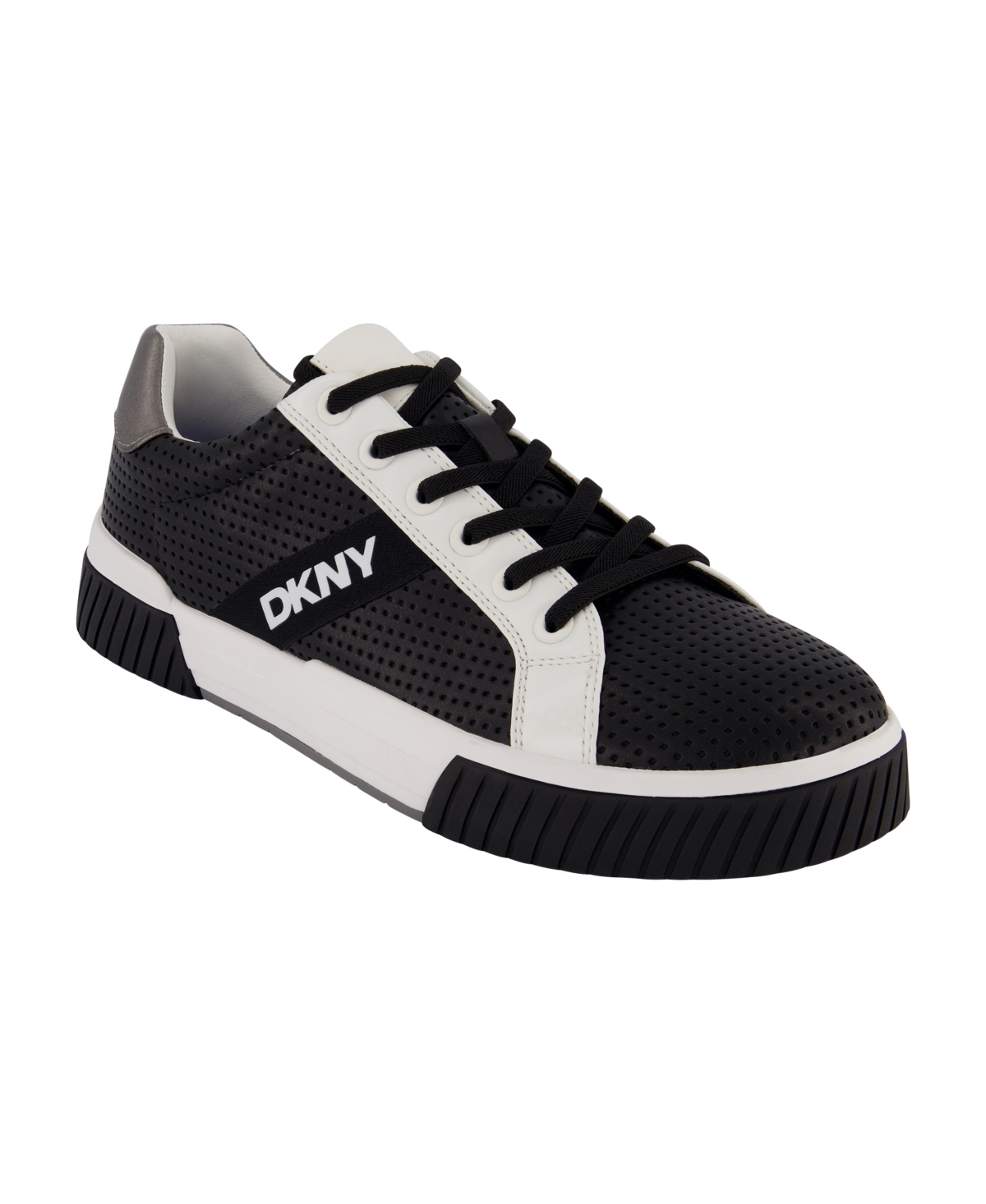 Shop Dkny Men's Perforated Two-tone Branded Sole Racer Toe Sneakers In Black