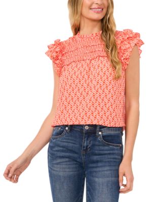 CeCe - Women's Smocked Ruffle Yoke Blouse