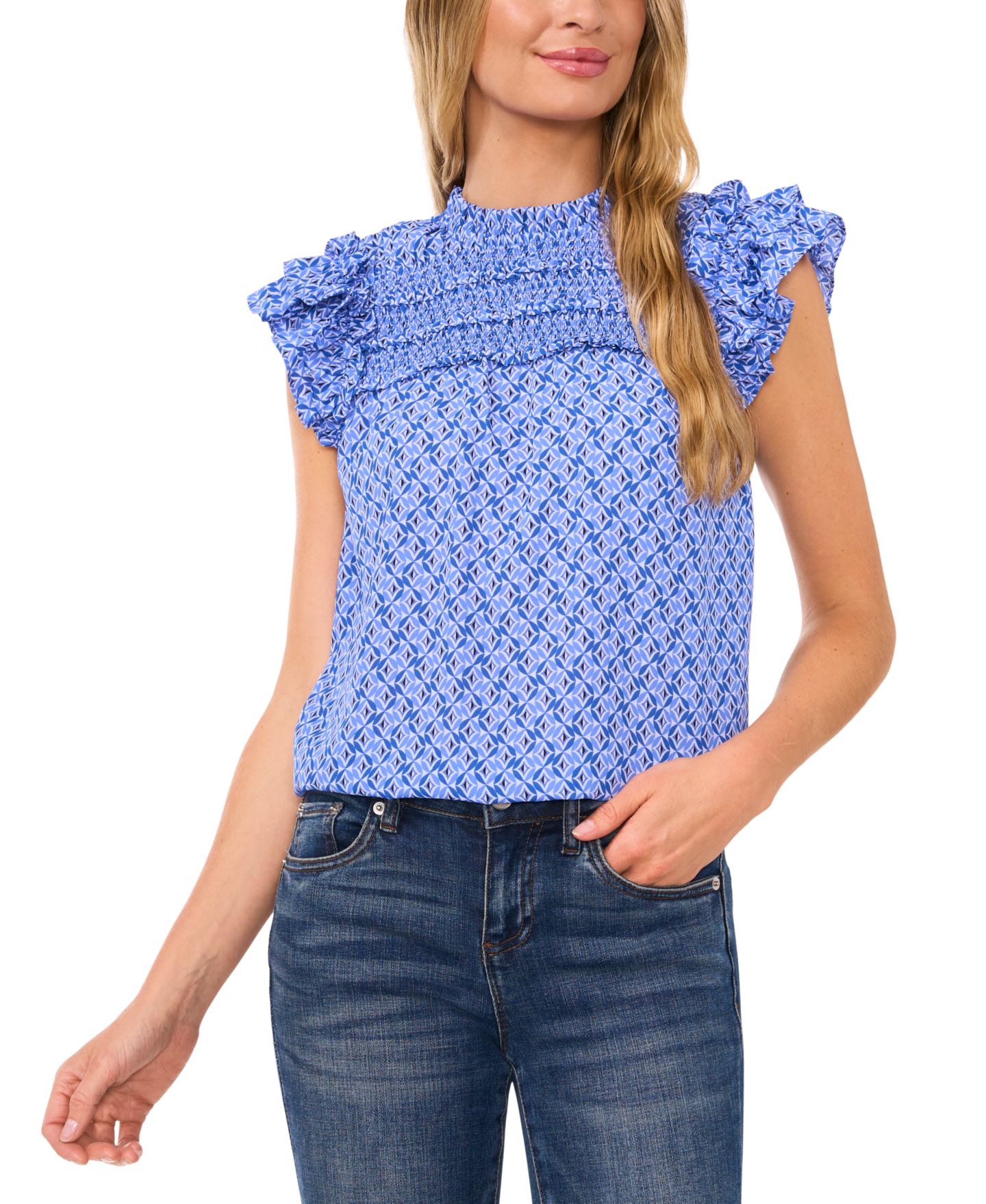 Женская блузка CeCe Smocked Ruffle Yoke, цвет: Tropic Night — фото 1