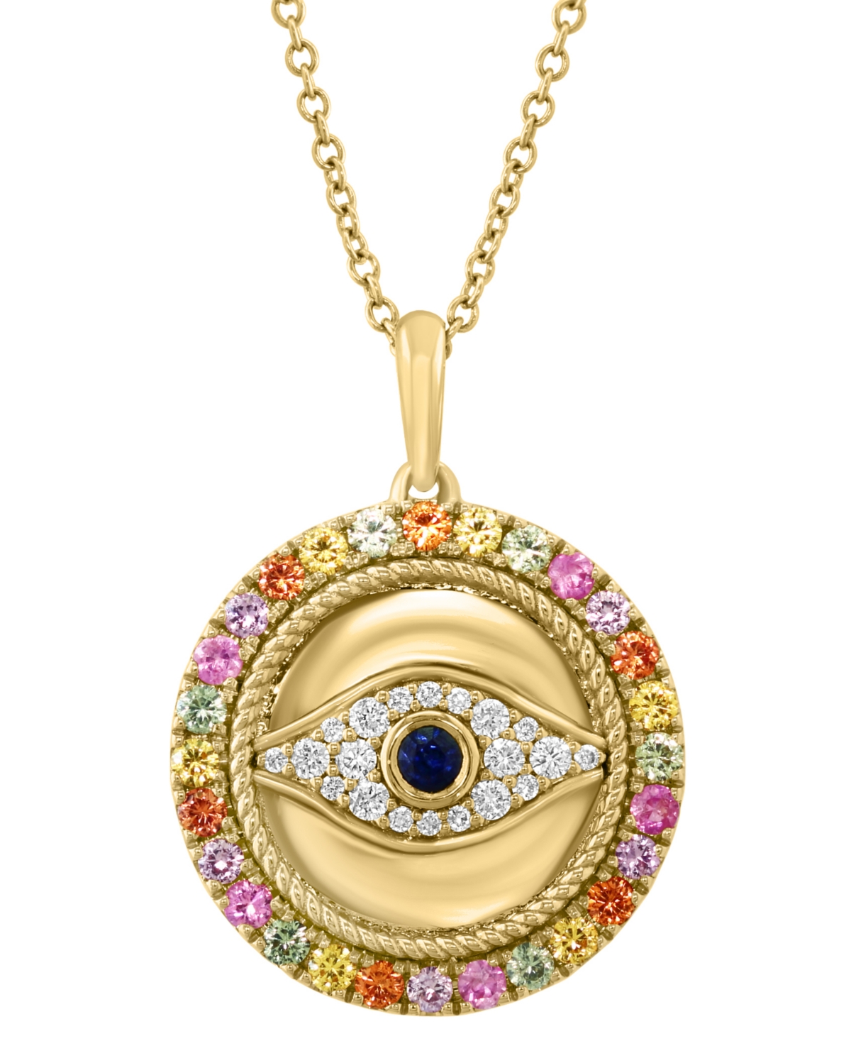 EFFY COLLECTION EFFY MULTI-SAPPHIRE (7/8 CT. T.W.) & DIAMOND (1/6 CT. T.W.) EVIL EYE 18" PENDANT NECKLACE IN 14K GOL 