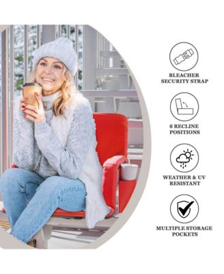 heated reclining with armrests, padded polyester, portable stadium chair with dual pockets and backpack straps.