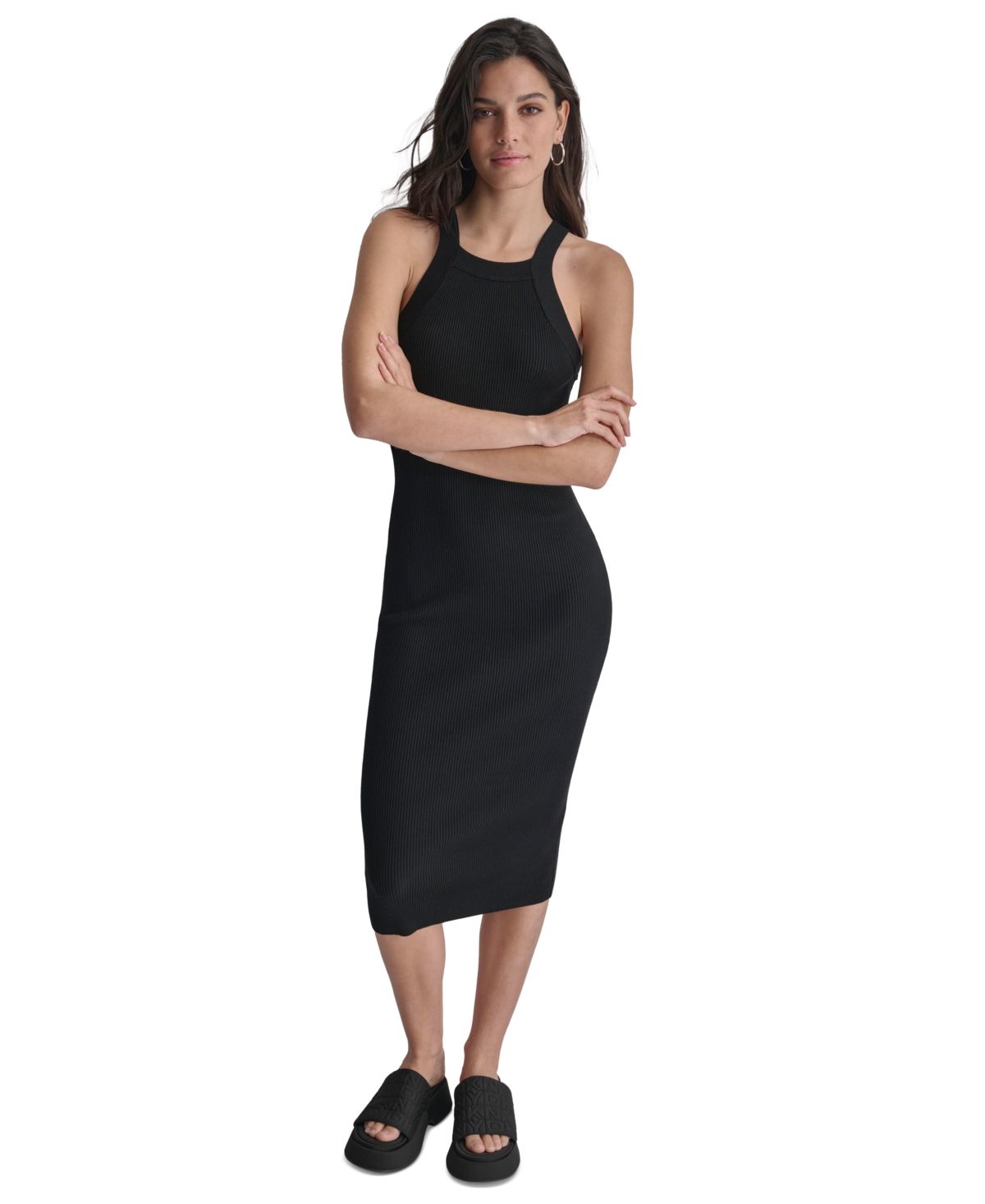 Women's Ribbed Knit Sleeveless Bodycon Dress - Black