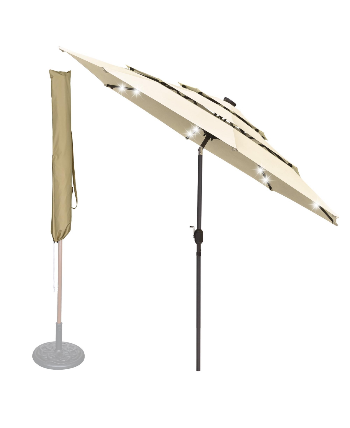 10 Ft 3 Tier Patio Umbrella with Protective Cover Solar Led Crank & Tilt Outdoor - Beige  tan
