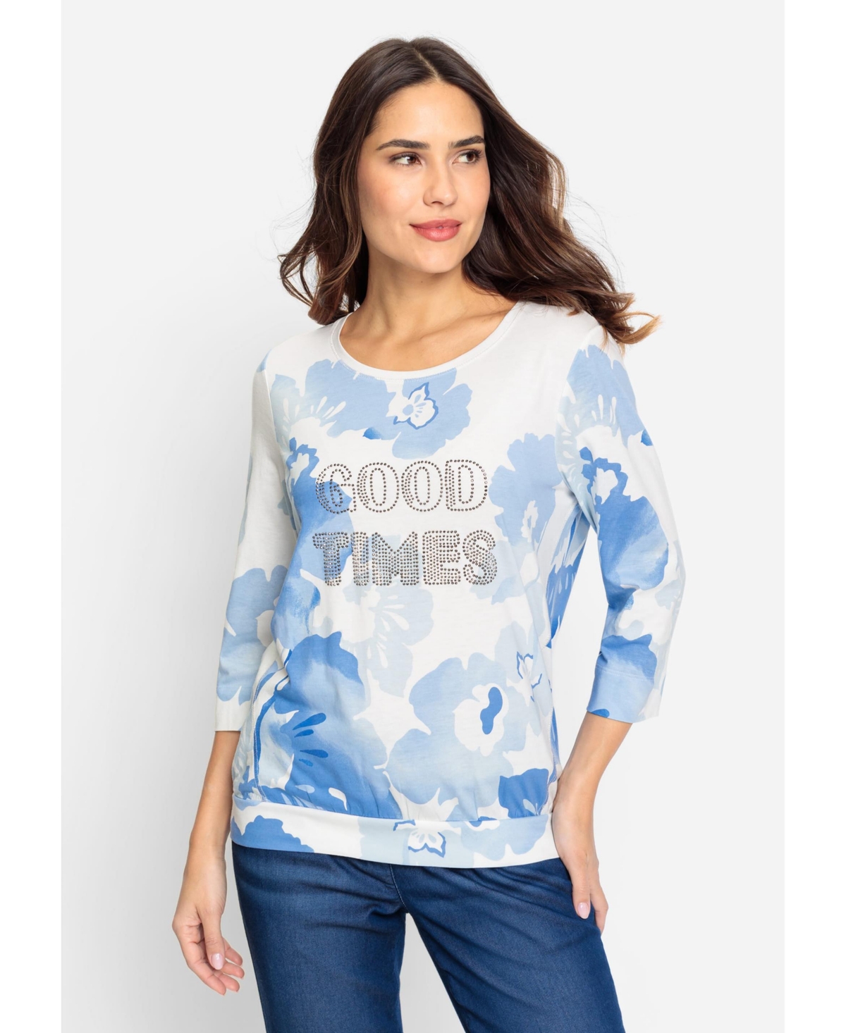 Women's Cotton Blend 3/4 Sleeve Embellished T-Shirt containing Tencel[Tm] Modal - Lapis blue