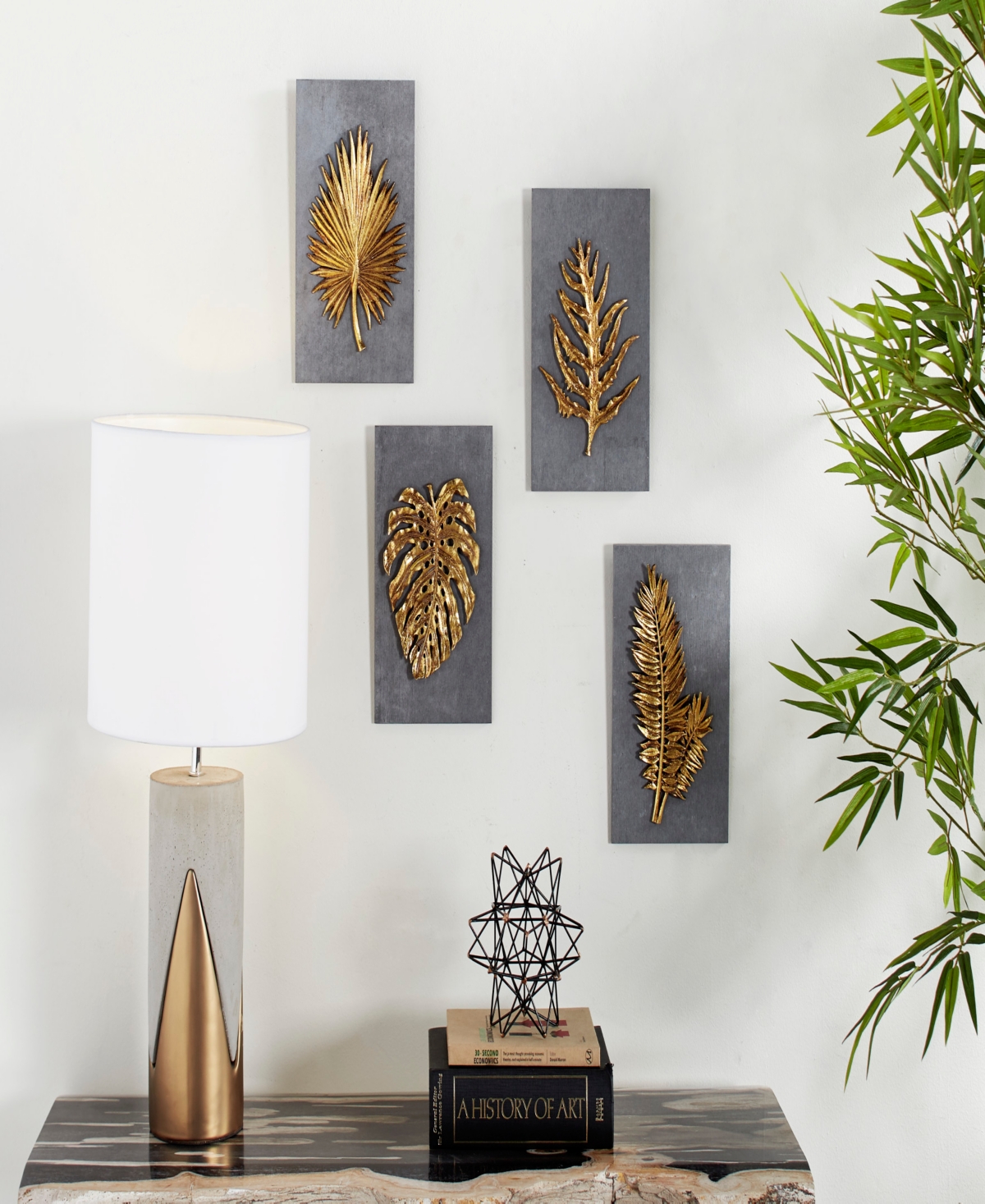 Rosemary Lane Gold Cement Stone Leaf Framed 3d Wall Decor, Set Of 4 8"w, 11"h In Gold