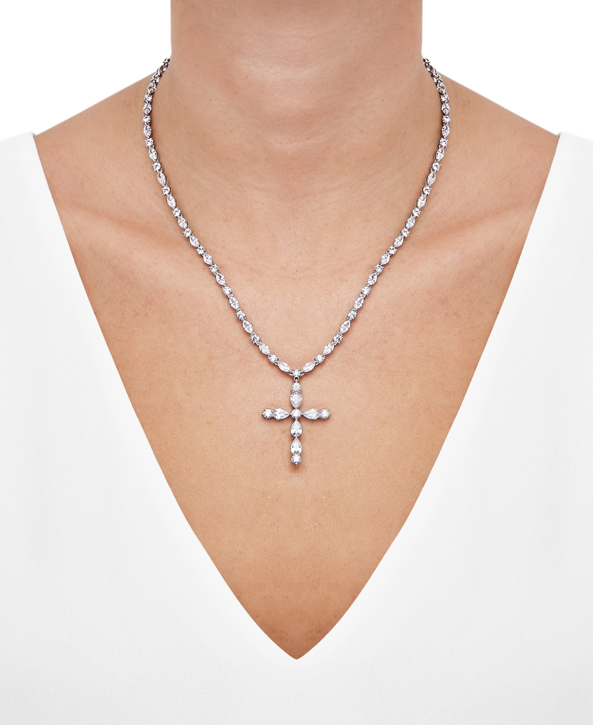 Shop Arabella Cubic Zirconia Mixed Cut Cross 18" Pendant Necklace In Sterling Silver