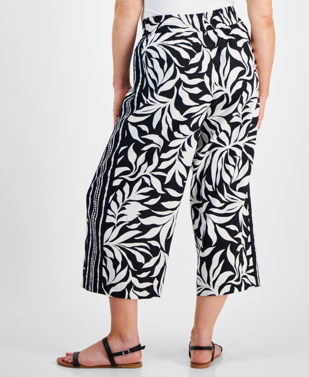 Style & Co Petite Printed Mid Rise Cropped Wide Leg Linen-Blend Pants, Created for Macy's