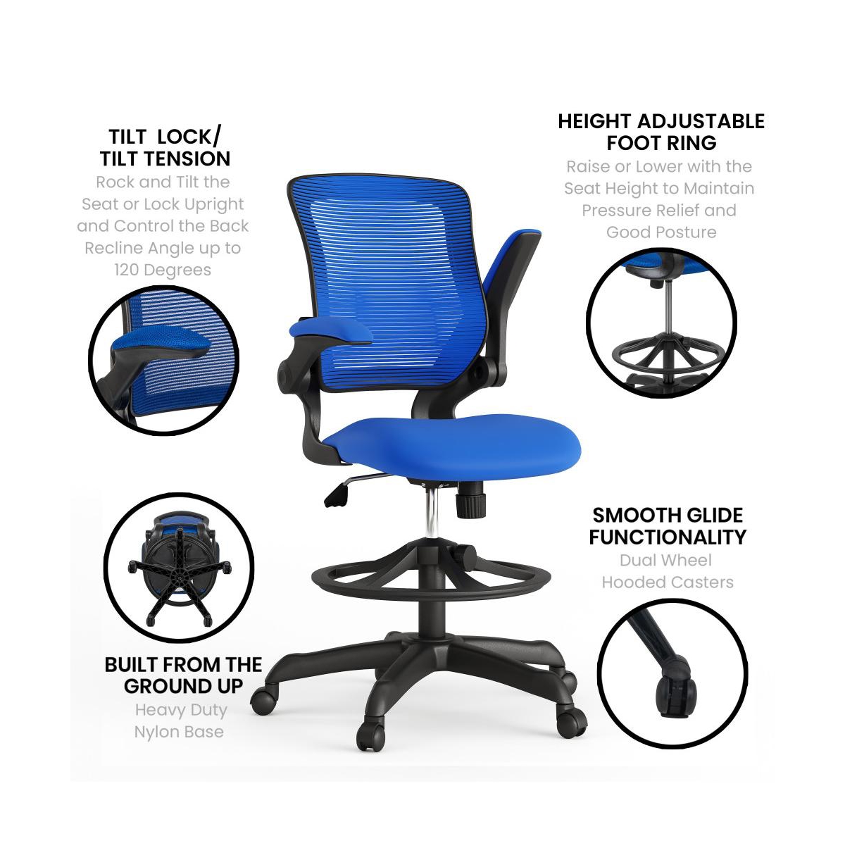 Emma+Oliver Mid-Back Mesh Ergonomic Drafting Chair With Foot Ring And Flip-Up Arms