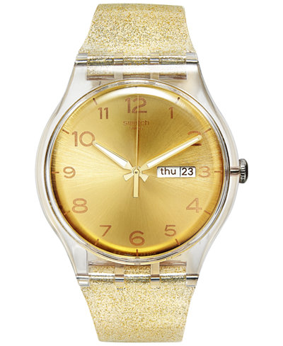 Swatch Women's Swiss Golden Sparkle Gold-Tone Glitter Semi-Transparent Silicone Strap Watch 41mm SUOK704