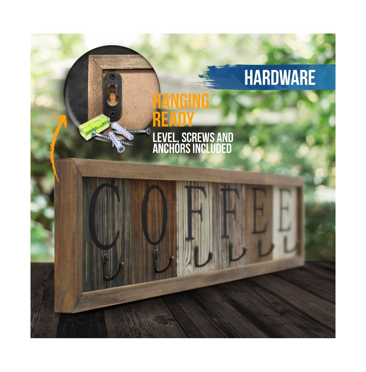 Rustic Coffee Mug Rack Wall Mounted, Printed Coffee Sign - 6 Coffee Cup Hooks - Wooden Coffee Mug Organizer - Distressed Coffee Rack Sign (31.5
