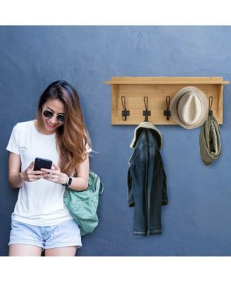 Rustic Wall-Mounted Coat Rack Shelf, 24" Solid Pine Wood with Hooks, Country Style for Entryway, Kitchen & Bathroom