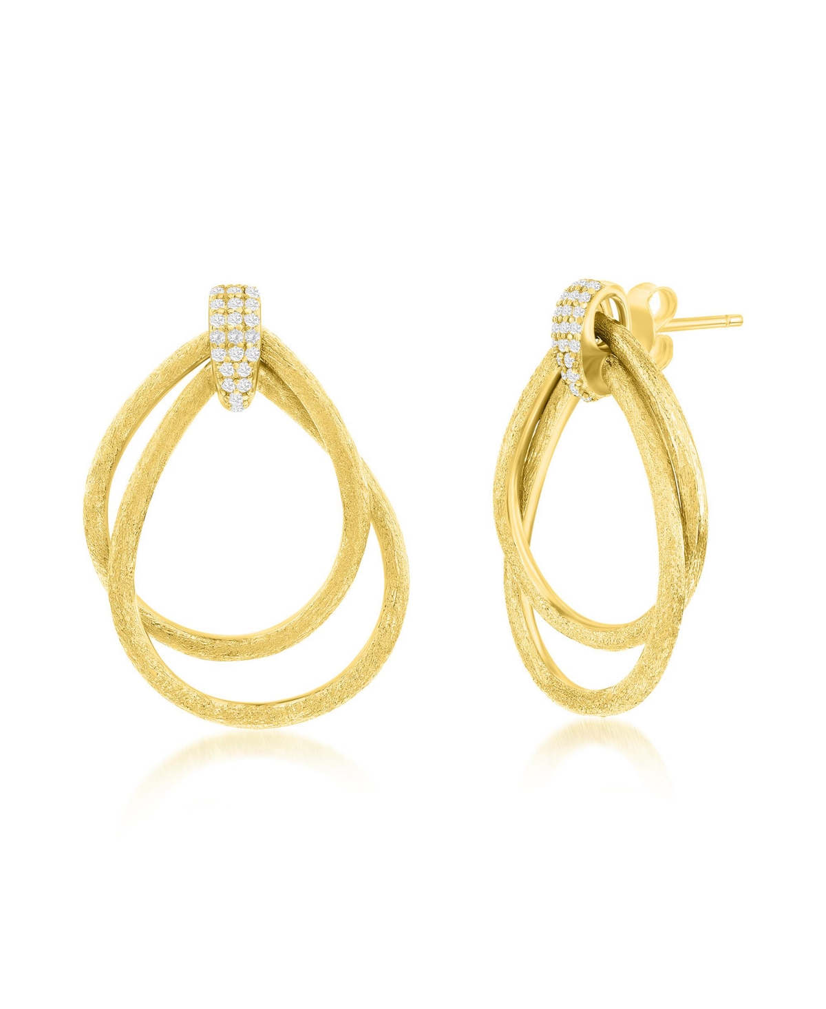 Gold Plated Over Sterling Silver Double Pear-Shaped Brushed Cz Earrings - Gold