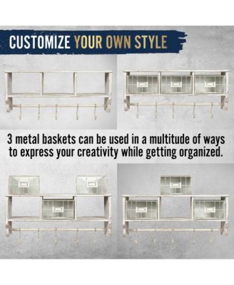 Rustic Coat Rack Wall Mounted Shelf With Hooks & Baskets, Entryway Organizer Wall Shelf With 5 Coat Hooks And Cubbies