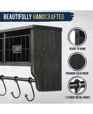 Rustic Coat Rack Wall Mounted Shelf With Hooks & Baskets, Entryway Organizer Wall Shelf With 5 Coat Hooks And Cubbies