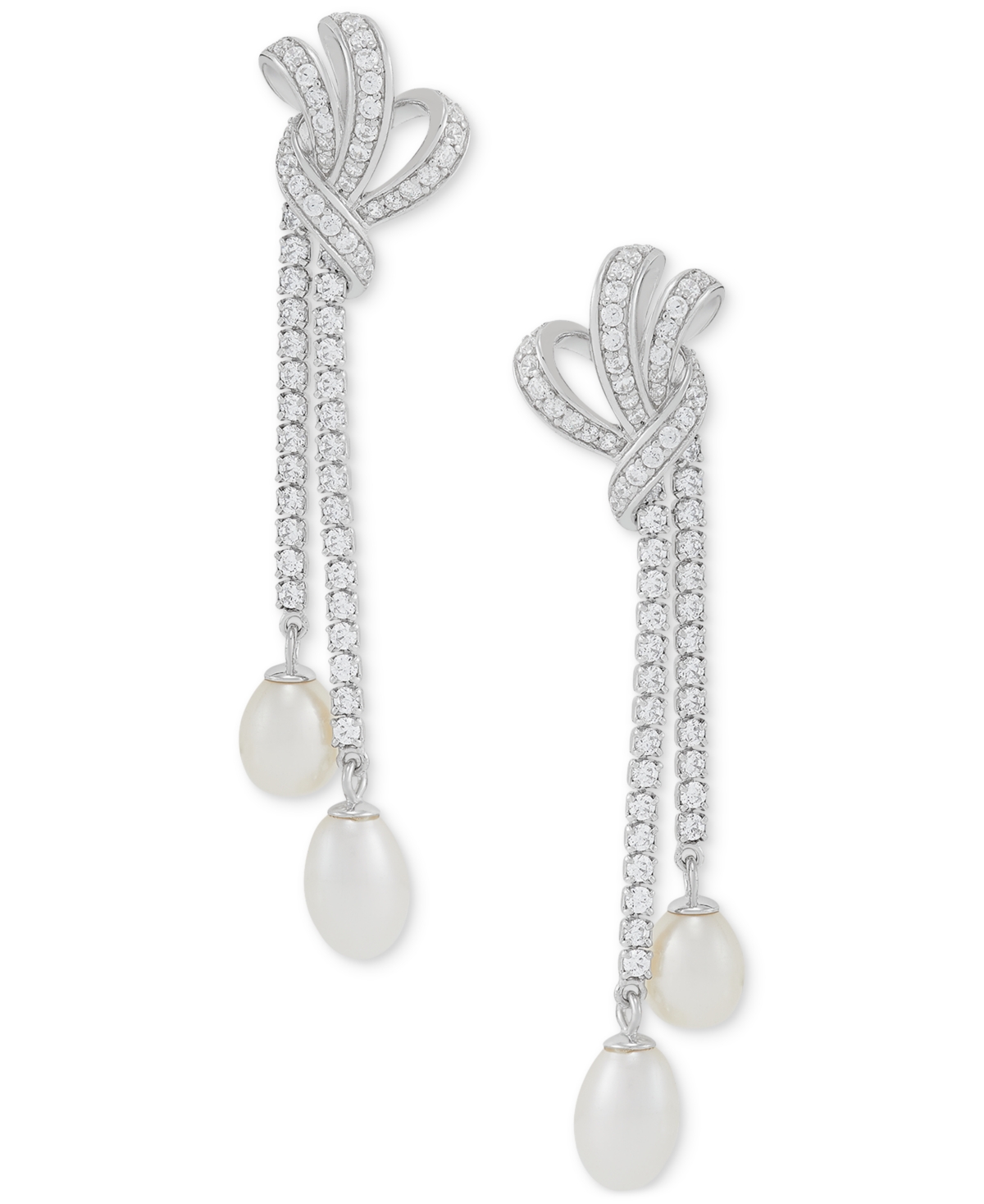 Arabella Freshwater Pearl (8x6mm & 7x5mm) Cubic Zirconia Knotted Drop Earrings In Sterling Silver