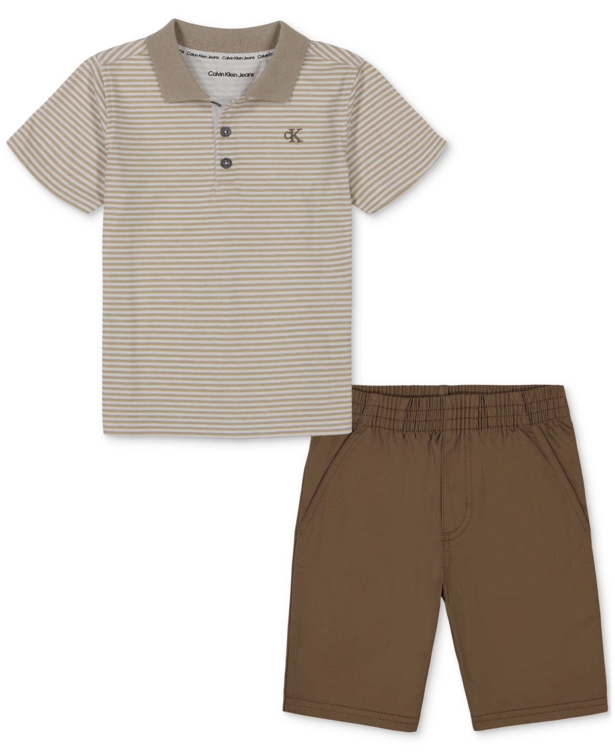 CALVIN KLEIN TODDLER BOYS COTTON STRIPED JERSEY POLO SHIRT & TWILL SHORTS, 2 PIECE SET