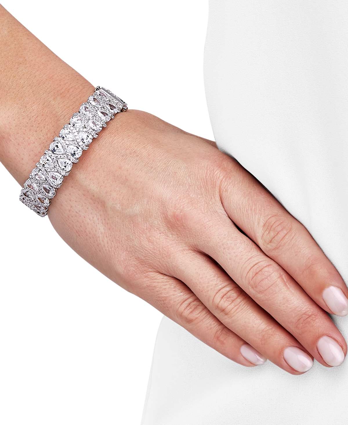 Shop Arabella Cubic Zirconia Mixed Cut Wide Bangle Bracelet In Sterling Silver