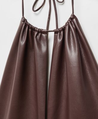 knee length dresses for ladies Solid Brown Criss Cross Halter Neck Women Leather Dress 2XL / Red main image 1