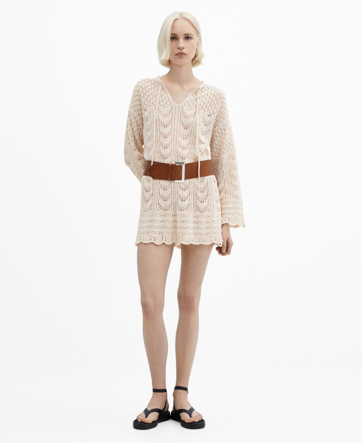 Women's Flared-Sleeve Crochet Dress - Light Beige