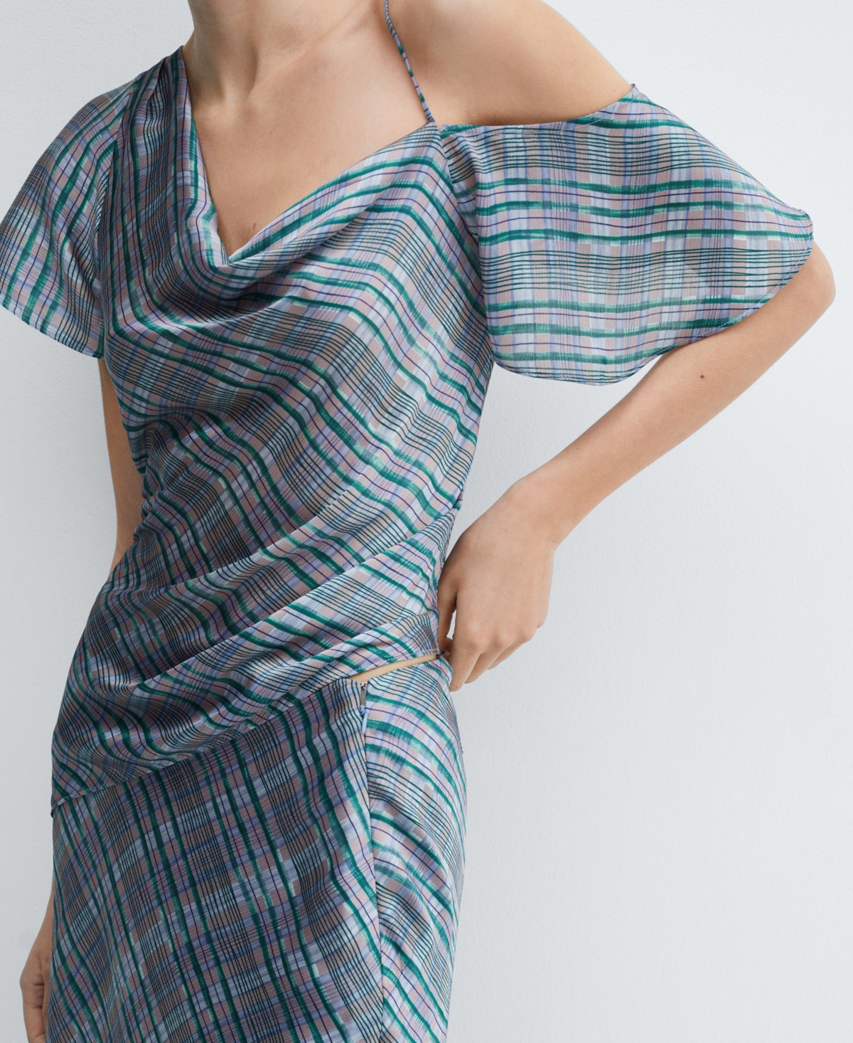 Mango Asymmetric Satin Check Blouse Blue In Medium Blue