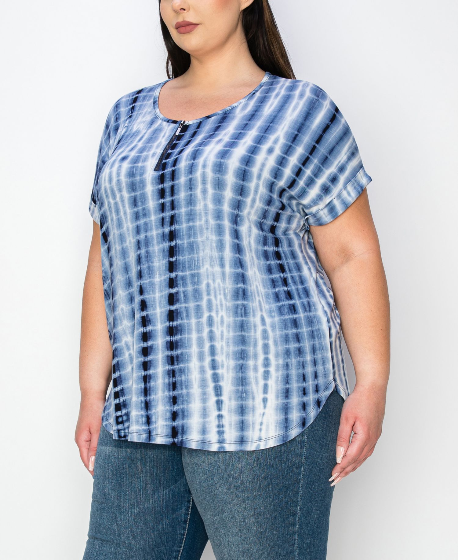 Plus Tie Dye Zip Front Roll Short Sleeve Top