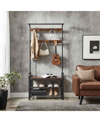 Hall Tree With Shoe Bench For Entryway, Industrial Accent Furniture With Steel Frame